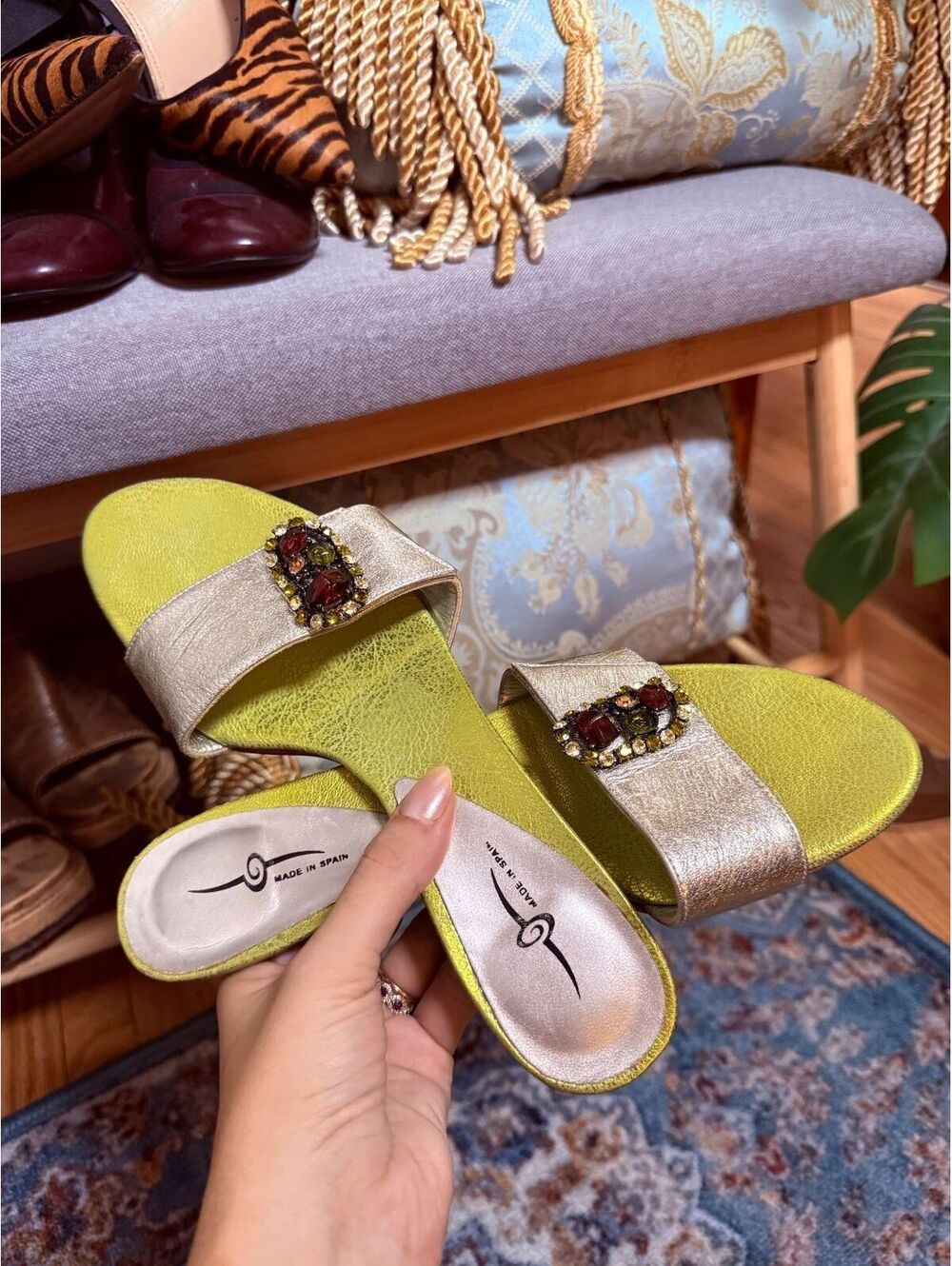 Elegant Women's Gold Strap Kitten Heel Sandals with Gemstone Accent size 38 US